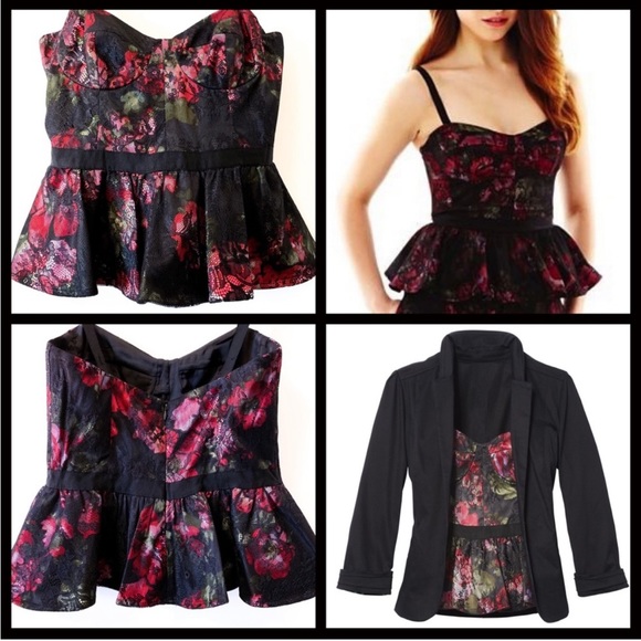 🥀 Pearl by Georgina Chapman of Marchesa Black Red Floral Lace Bustier Top | 2 - Picture 12 of 14